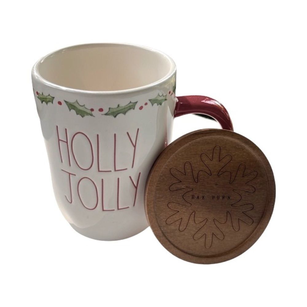 Rae Dunn Holiday Inspired Coffee Mug with laser etched lid (Holly Jolly) NWT
